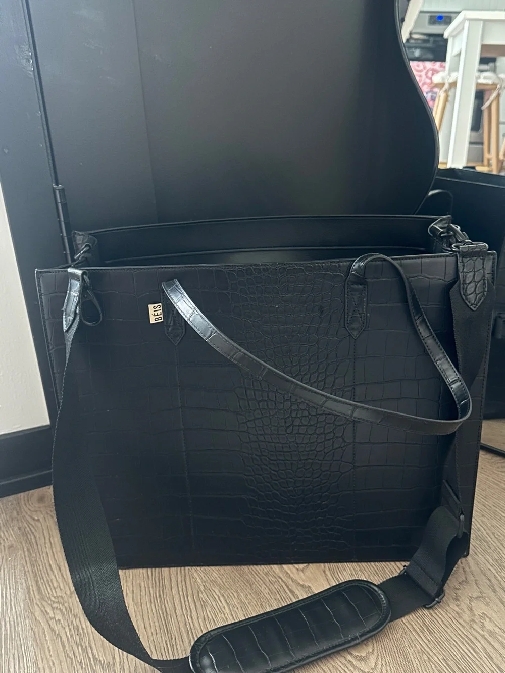BEIS Black Croc-Embossed Laptop Tote + Case with Detachable Strap